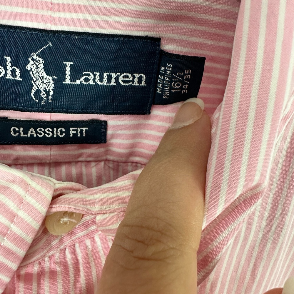 Ralph Lauren Button Up Shirt Mens 16.5 Pink White Striped Cotton Classic‎ Fit - Picture 5 of 8